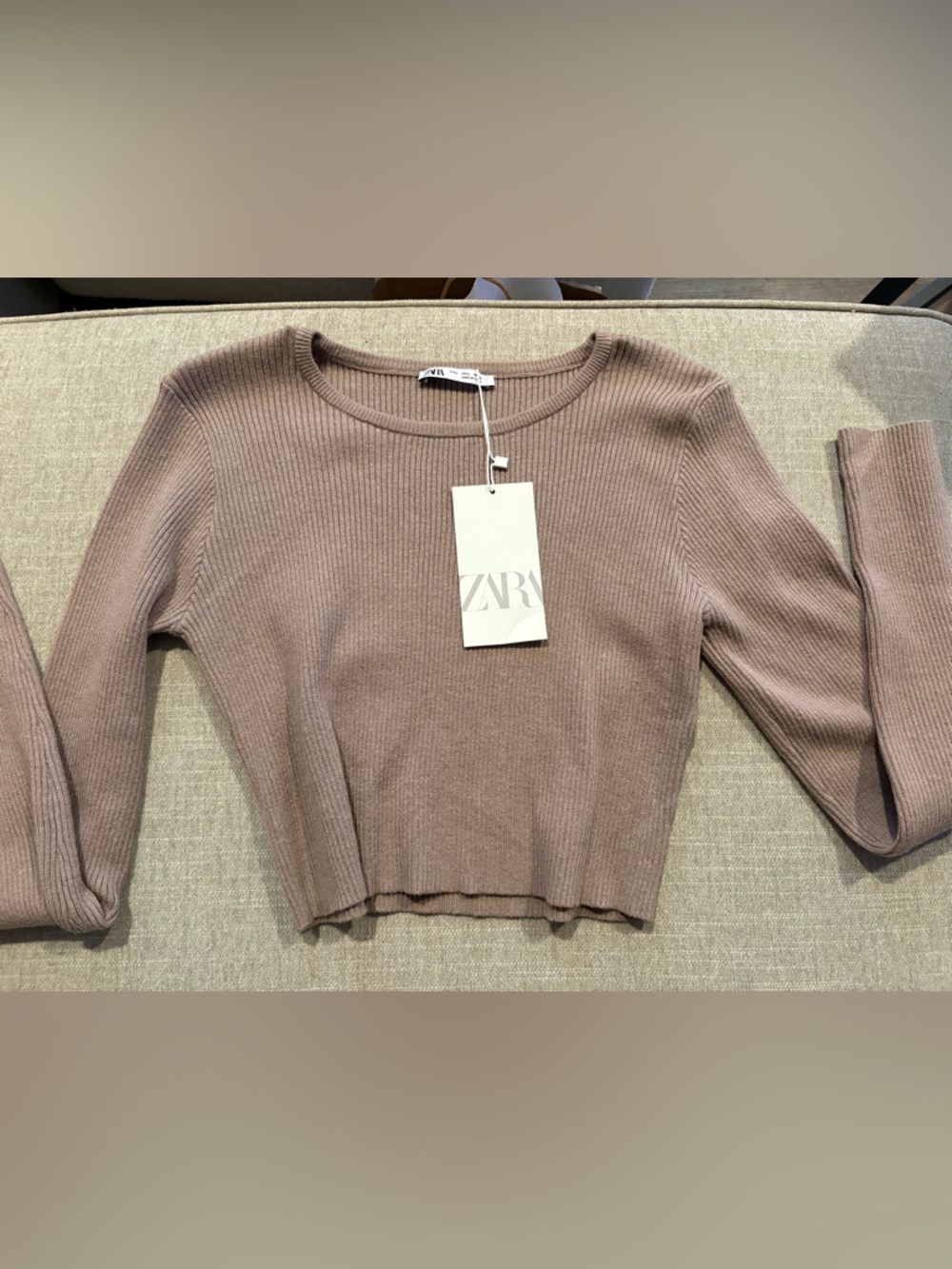 Zara Ribbed Crewneck Sweater in Taupe